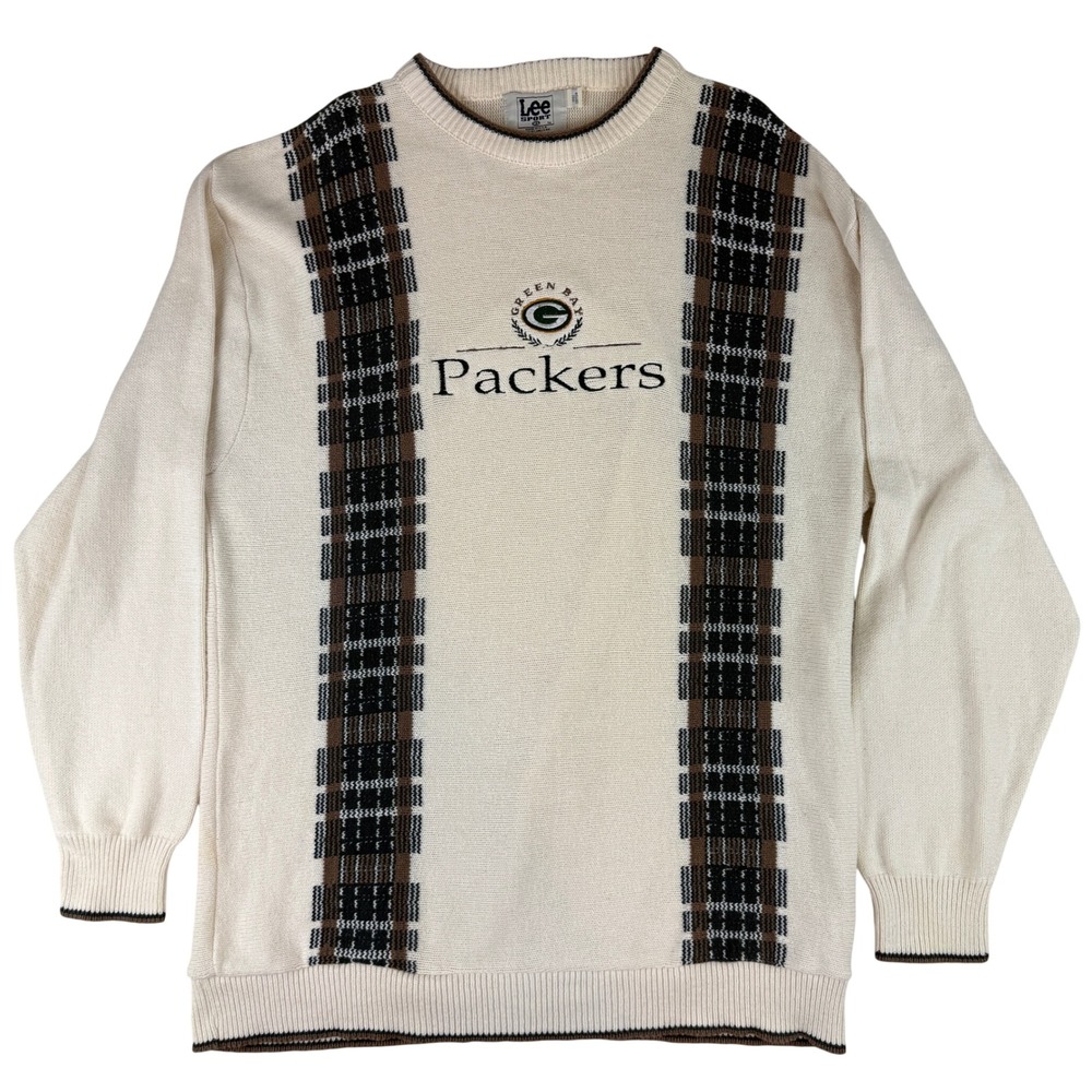 Lee Sport Sweater Mens XL Cream Green Bay Packers Vintage Plaid Knit Cotton USA